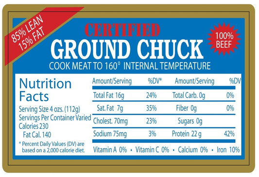 Ground Chuck 85/15 Nutrition Fact Labels