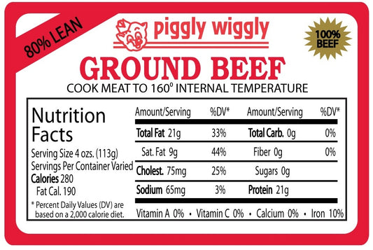 Piggly Wiggly 80% Lean Ground Beef Nutrition Fact Label