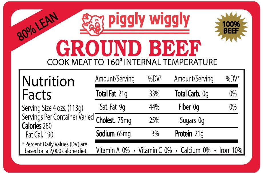 Piggly Wiggly 80% Lean Ground Beef Nutrition Fact Label