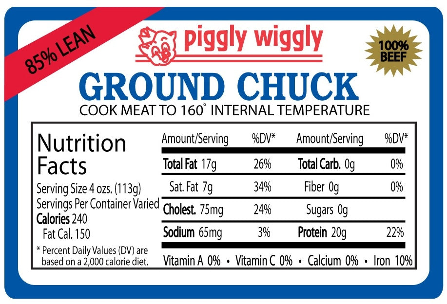 Piggly Wiggly 80% Lean Ground Chuck Nutrition Fact Label