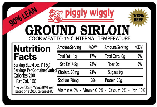 Piggly Wiggly 90% Lean Ground Sirloin Nutrition Fact Label