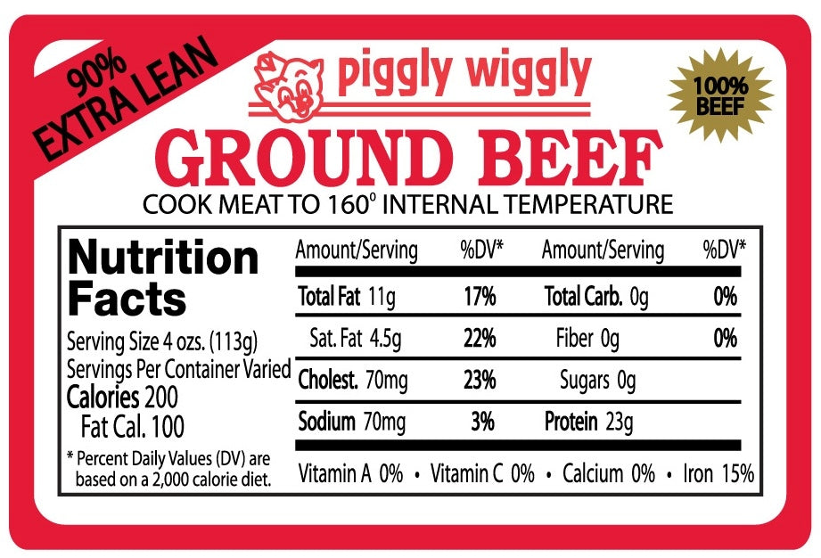 Piggly Wiggly 90% Lean Ground Beef Nutrition Fact Label