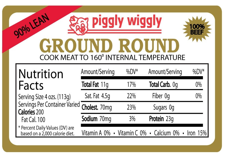 Piggly Wiggly 90% Lean Ground Round Nutrition Fact Labels